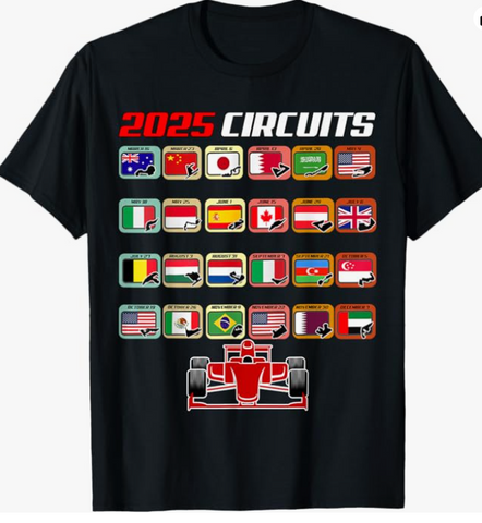 Black Crew Neck | 2025 Formula circuits Formula Schedule 2025 Racing Car Track T-Shirt